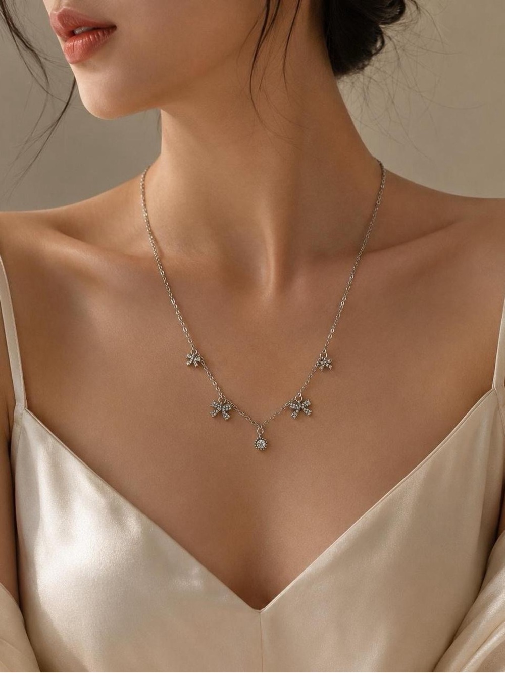 Dainty Crystal Bow Charm Necklace